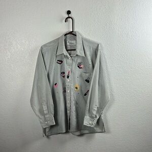 Mili Designs Women’s White Black Button-Up Shirt Embroidered Patches Artsy Sz L